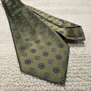 Kiton Napoli Tie Green Medallion 7 Fold Silk Geometric Italy‎ Handmade Designer